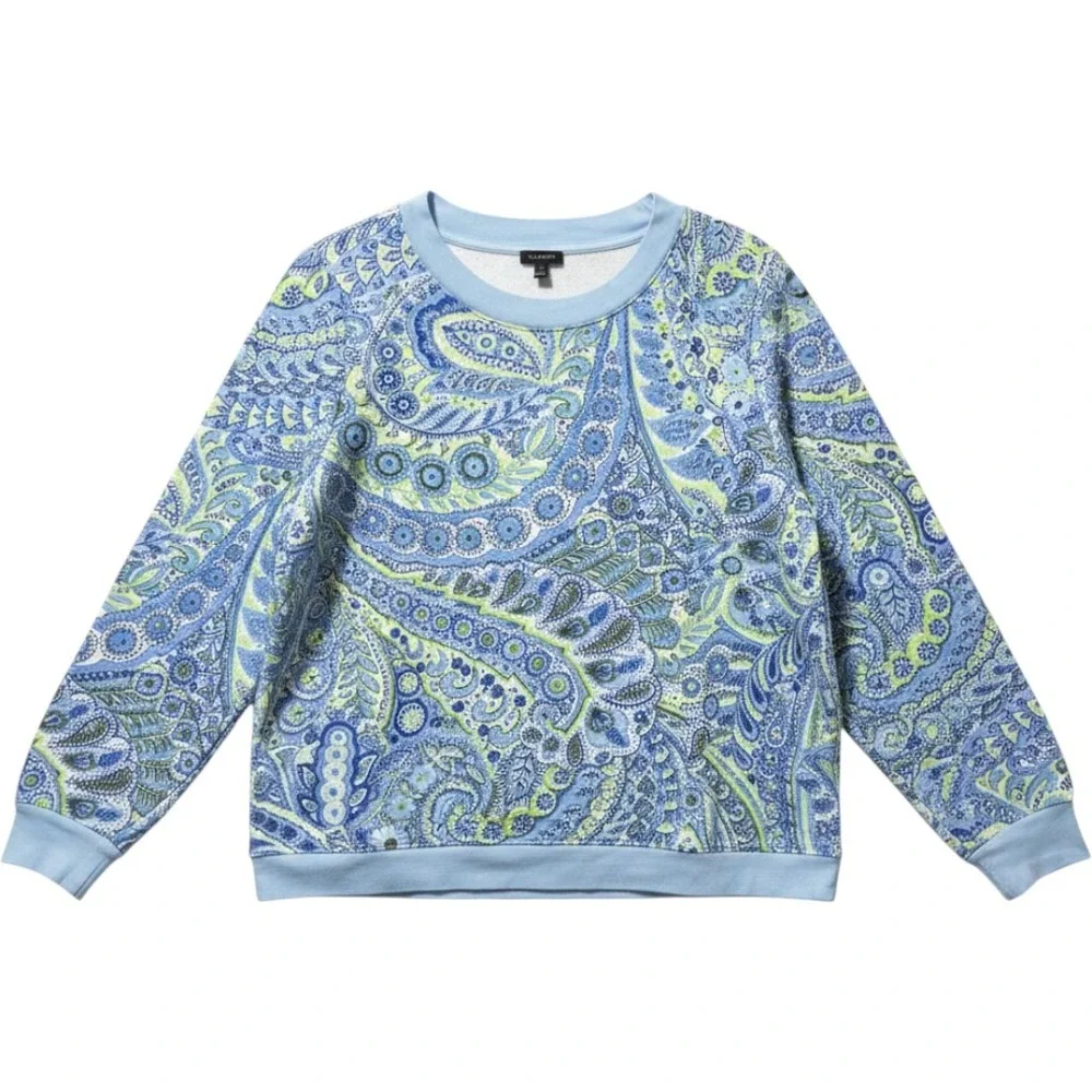 Talbots Blouson Sleeve Crewneck  Sweatshirt Perkey Paisley Large Blue  Pullover